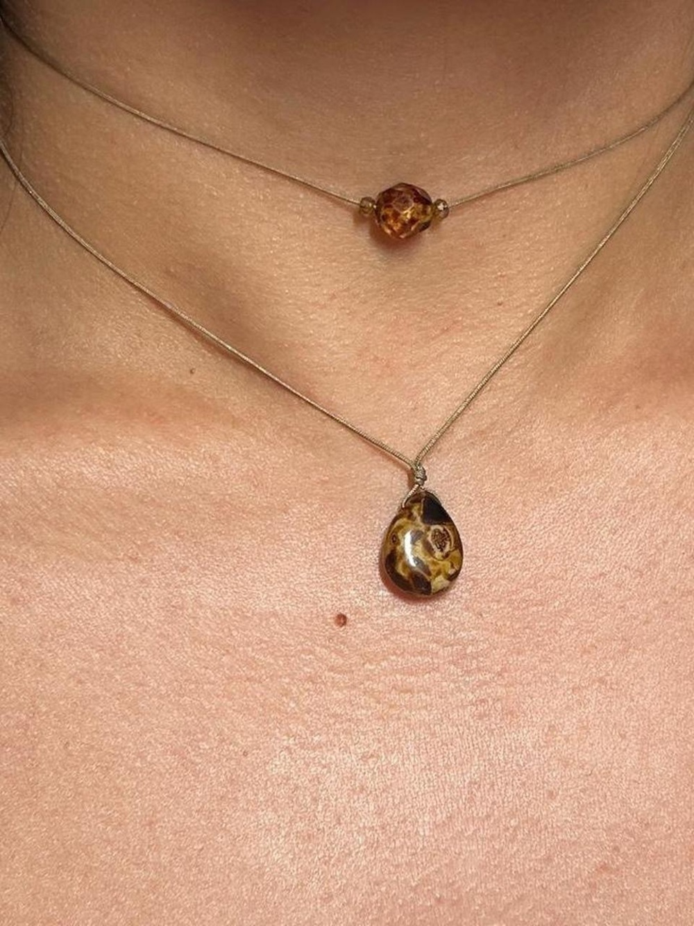 Handmade Amber Brown Czech Glass Layering Necklace Set Boho Cottagecore